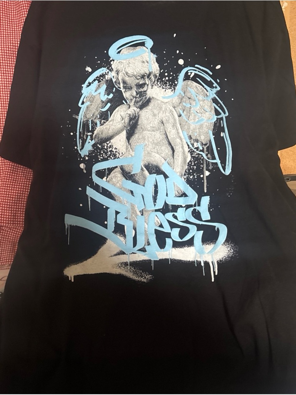 Black Graphic Tee with Blue & White Angel Graffiti